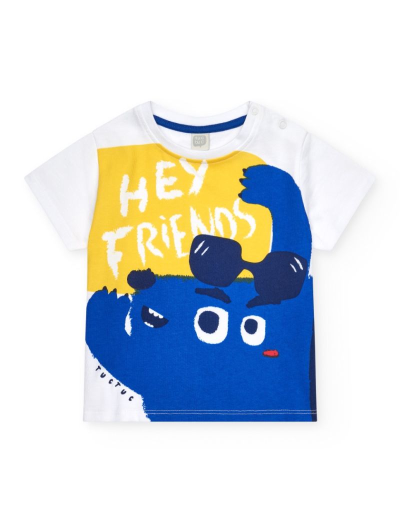 Tshirt branca e amarela para menino com mensagem "Hey Friends"